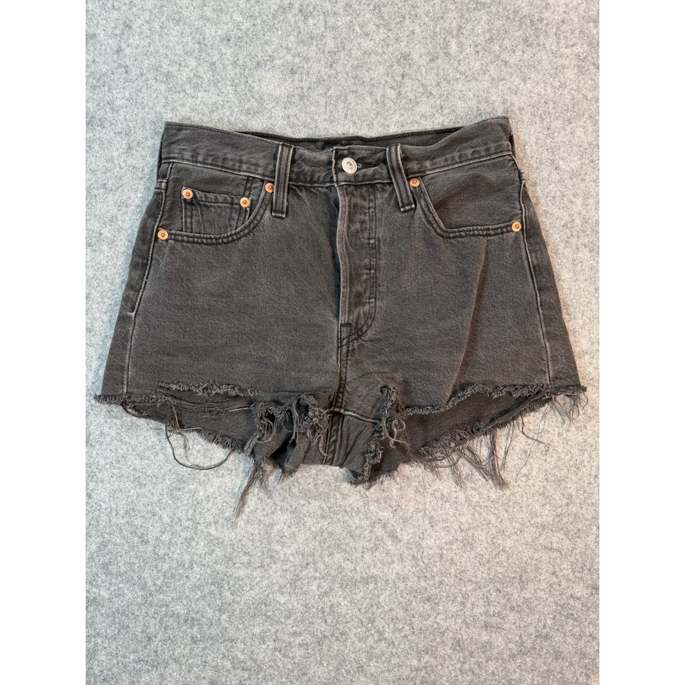 Levis 501 High Rise Denim Cut Off Shorts Washed Black Gray W25 Button Fly